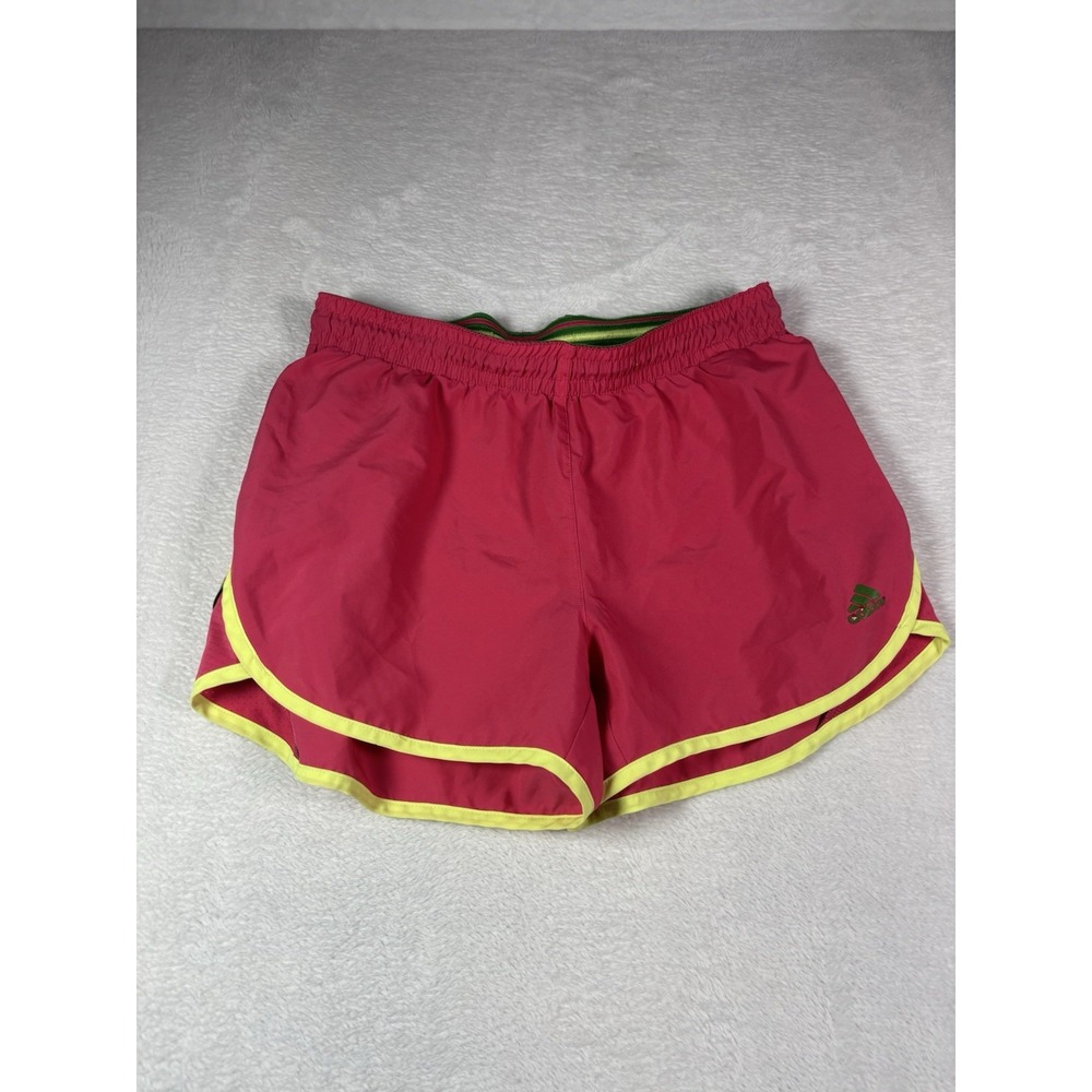 Adidas Womens Pink Yellow Lined Running Athletic Shorts Size Small